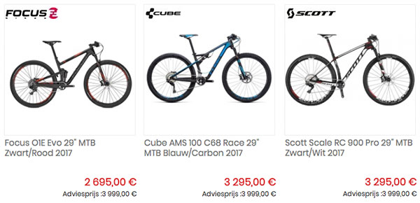 Méér dan 50 modellen 2017 MTB's aan super promo op voorraad!