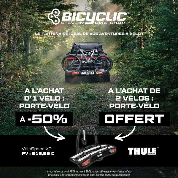 Offre spéciale juin : -50% ou gratuité sur votre porte-vélos Thule à l'achat d'un vélo électrique chez Bicyclic